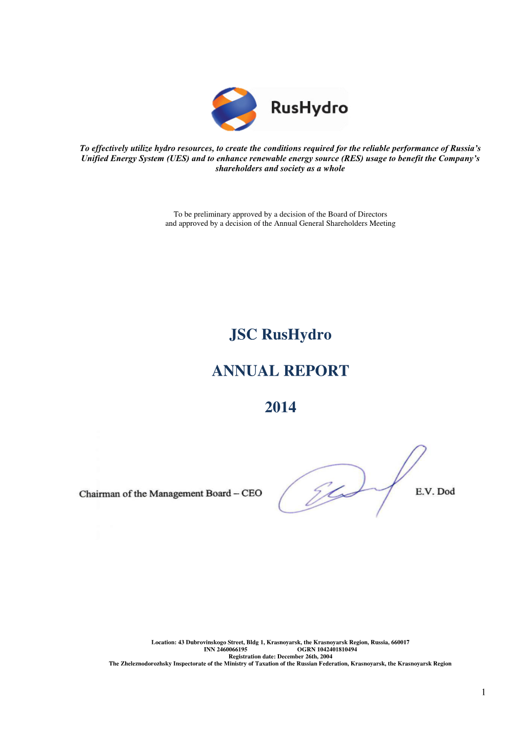 JSC Rushydro ANNUAL REPORT 2014