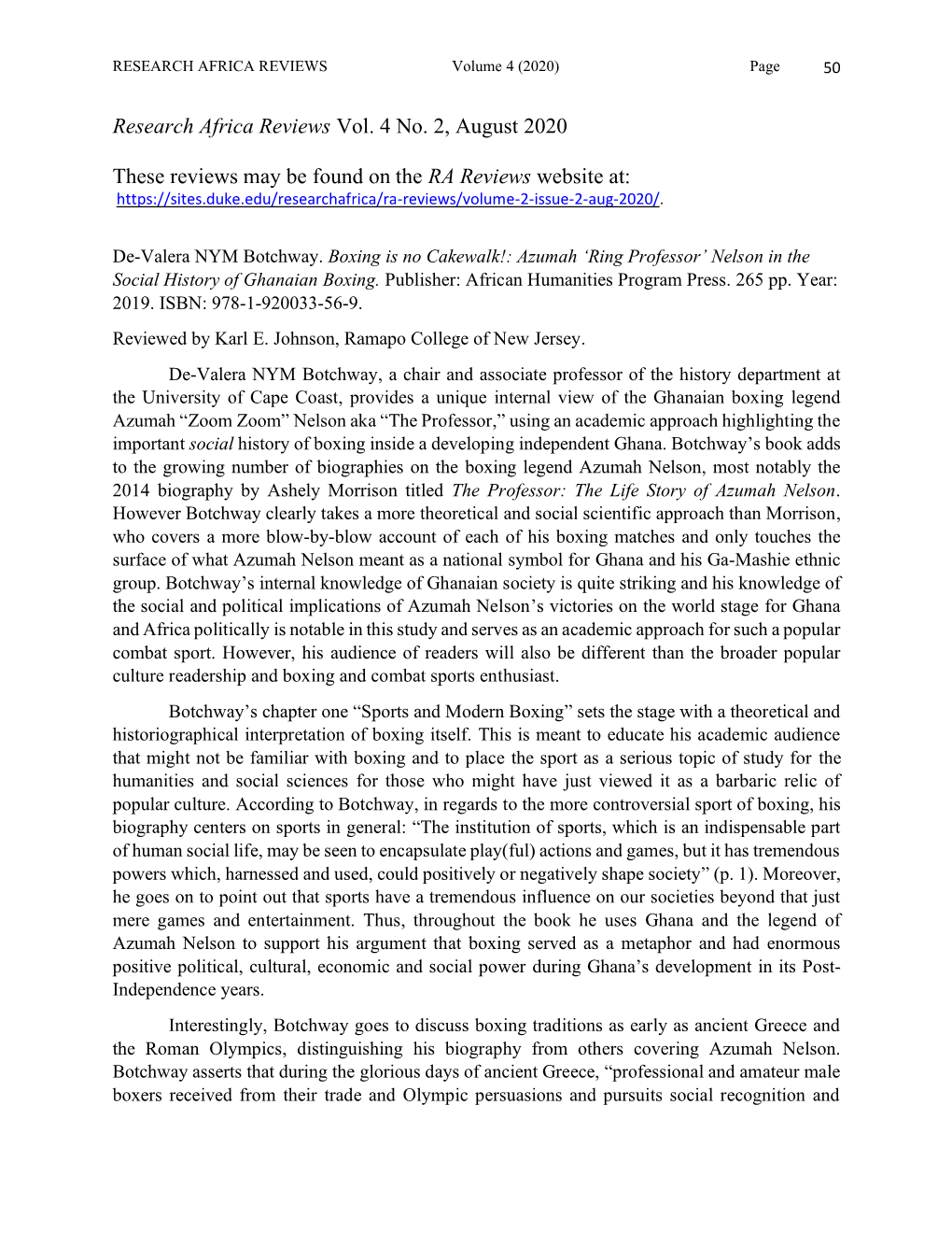 Boxing Is No Cakewalk!: Azumah ‘Ring Professor’ Nelson in the Social History of Ghanaian Boxing