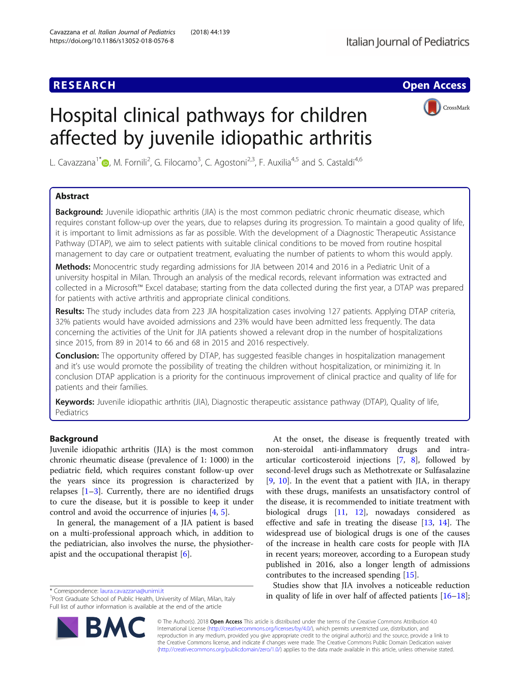 Hospital Clinical Pathways for Children Affected by Juvenile Idiopathic Arthritis L