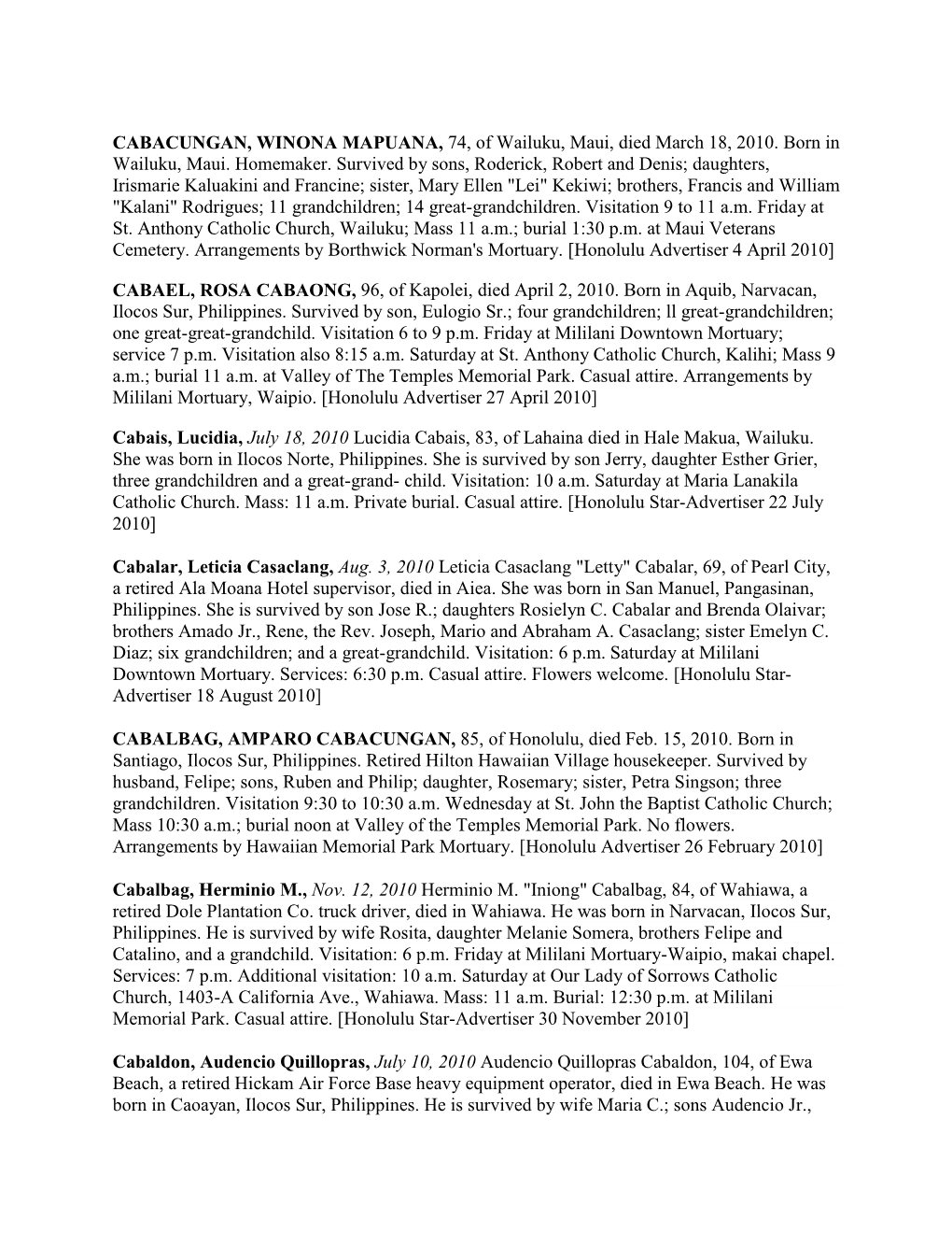 CABACUNGAN, WINONA MAPUANA, 74, of Wailuku, Maui, Died March 18, 2010
