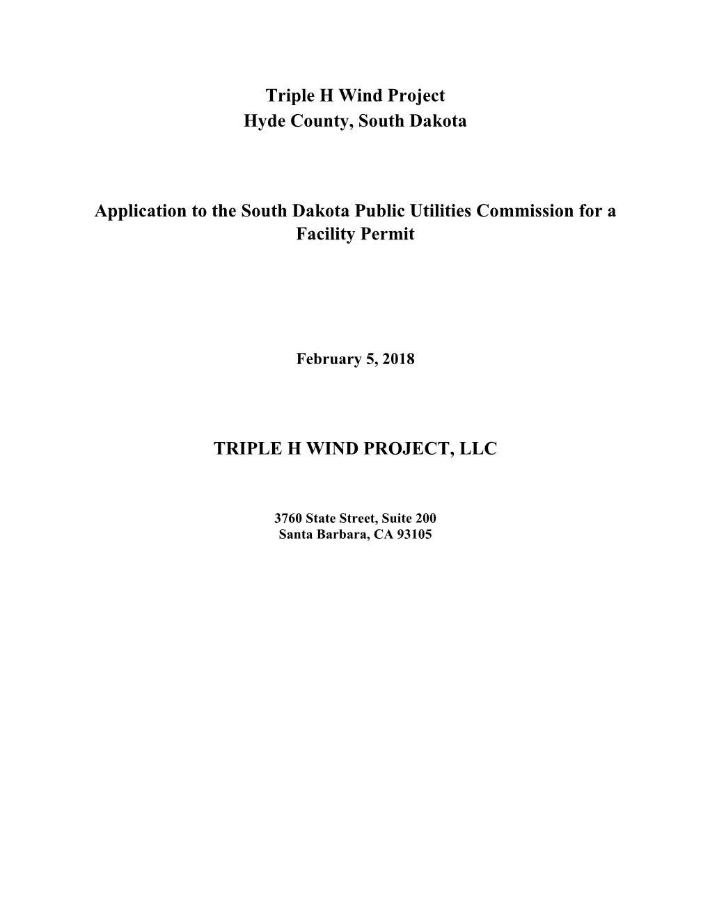 Triple H Wind Project Hyde County, South Dakota Application to The