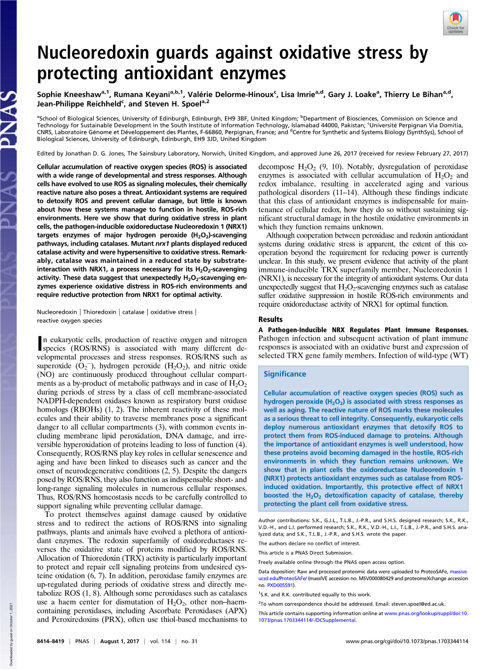 Nucleoredoxin Guards Against Oxidative Stress by Protecting Antioxidant Enzymes