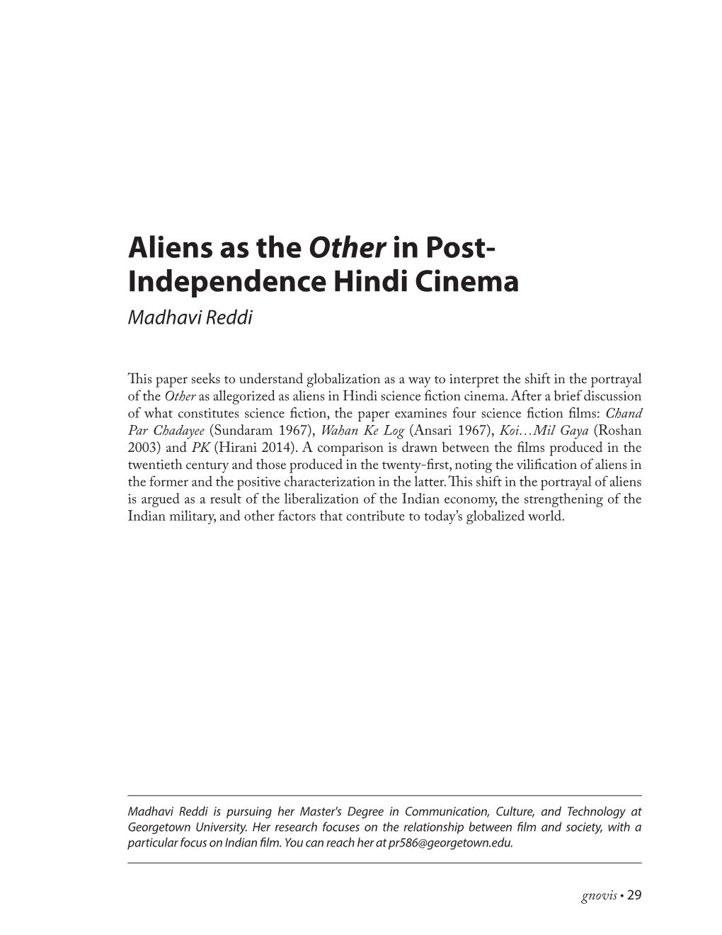 Aliens As the Other in Post- Independence Hindi Cinema Madhavi Reddi