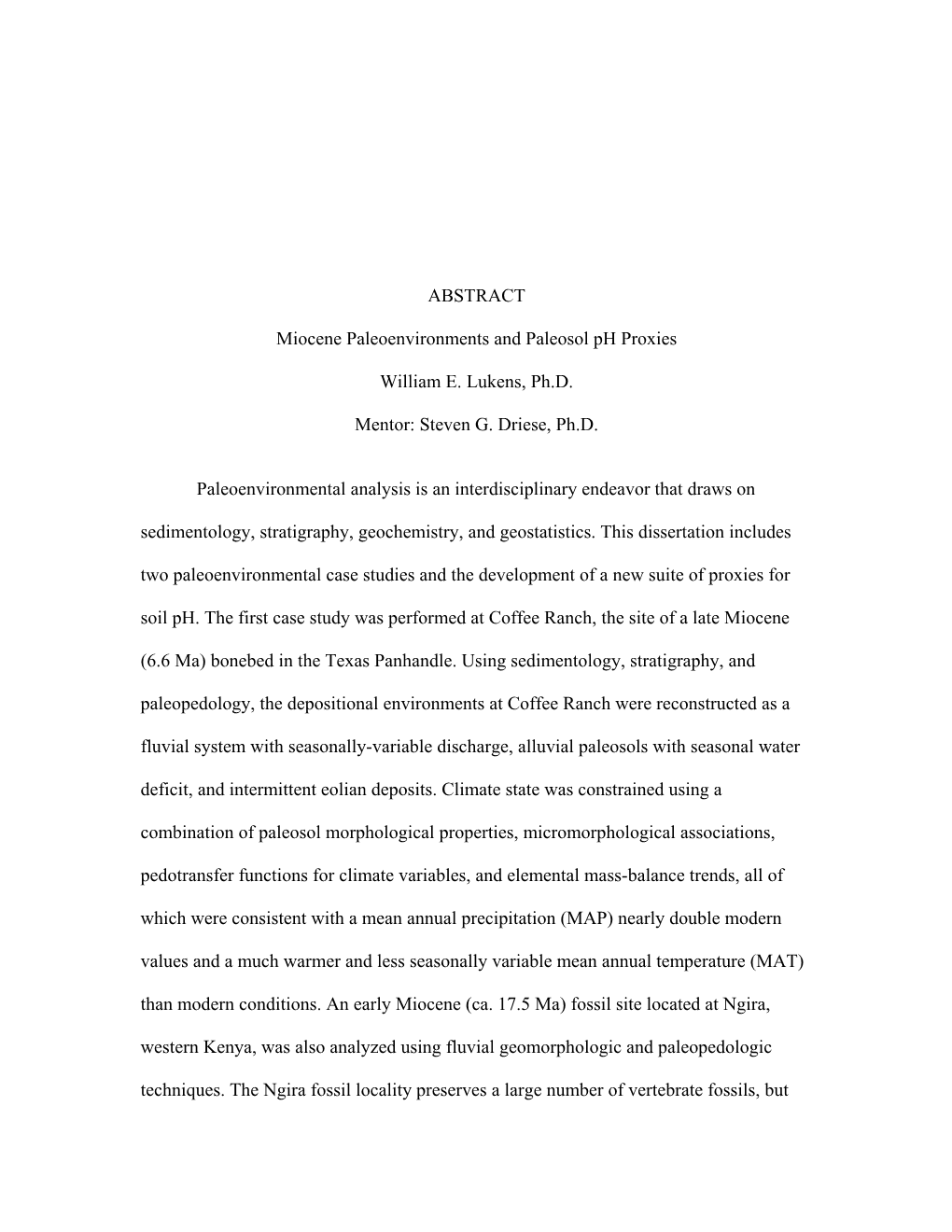 ABSTRACT Miocene Paleoenvironments and Paleosol