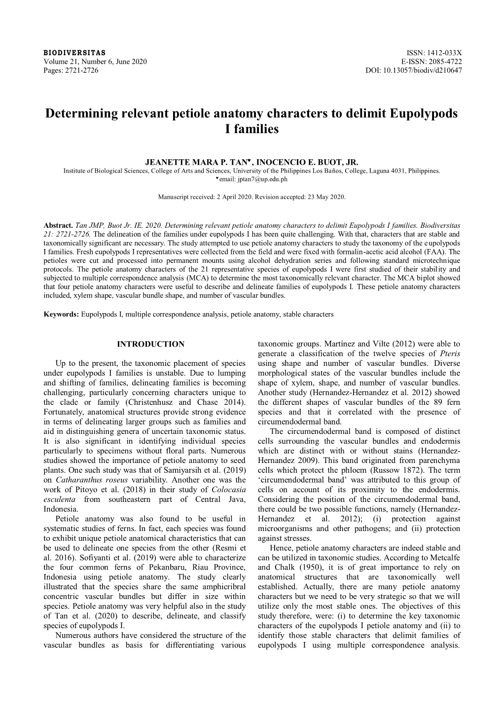 Determining Relevant Petiole Anatomy Characters to Delimit Eupolypods I Families