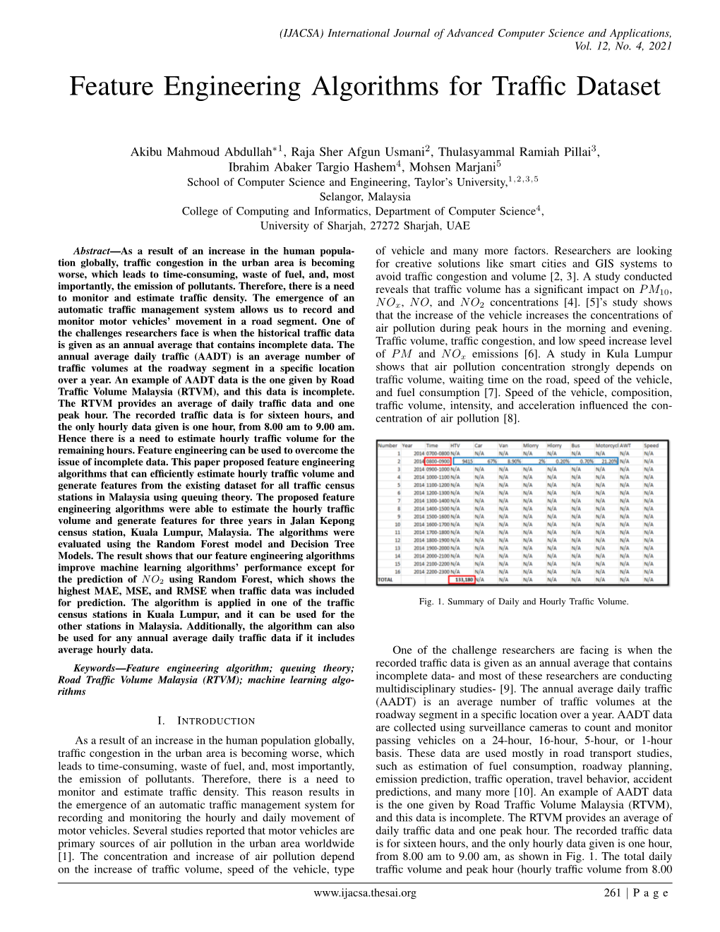 Feature Engineering Algorithms for Traffic Dataset