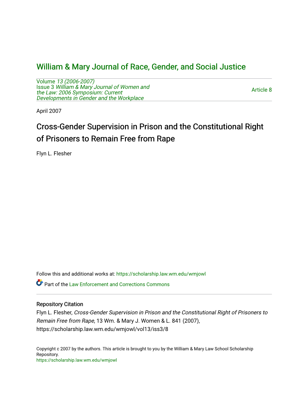 Cross-Gender Supervision in Prison and the Constitutional Right of Prisoners to Remain Free from Rape