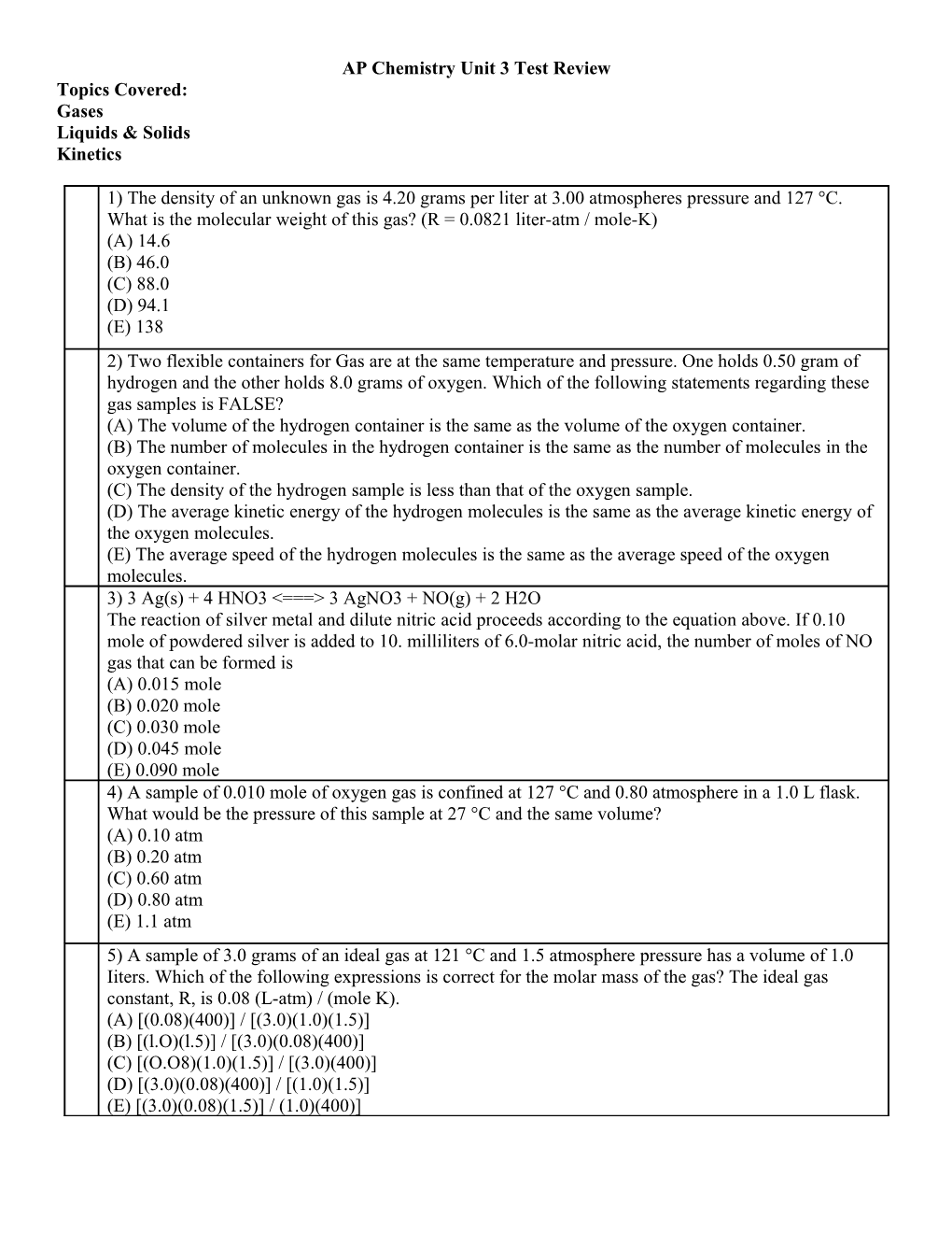 AP Chemistry Unit 3 Test Review