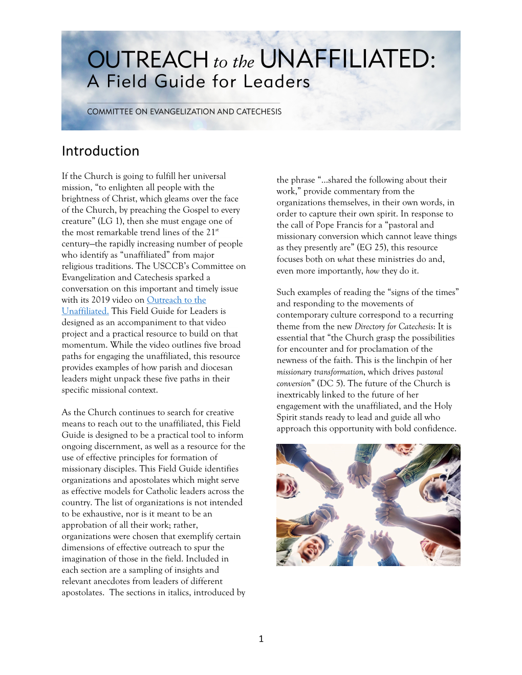 Outreach to the Unaffiliated: a Field Guide for Leaders Committee on Evangelization and Catechesis