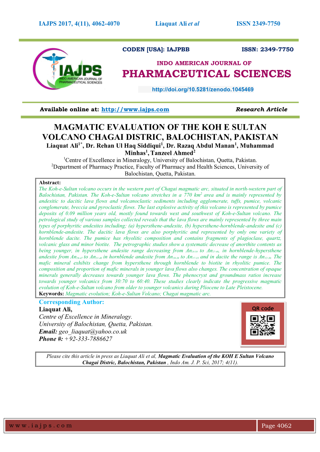 MAGMATIC EVALUATION of the KOH E SULTAN VOLCANO CHAGAI DISTRIC, BALOCHISTAN, PAKISTAN Liaquat Ali1*, Dr