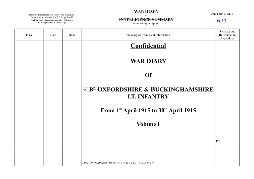 1/4Th Oxford and Bucks War Diary 1915 to 1919