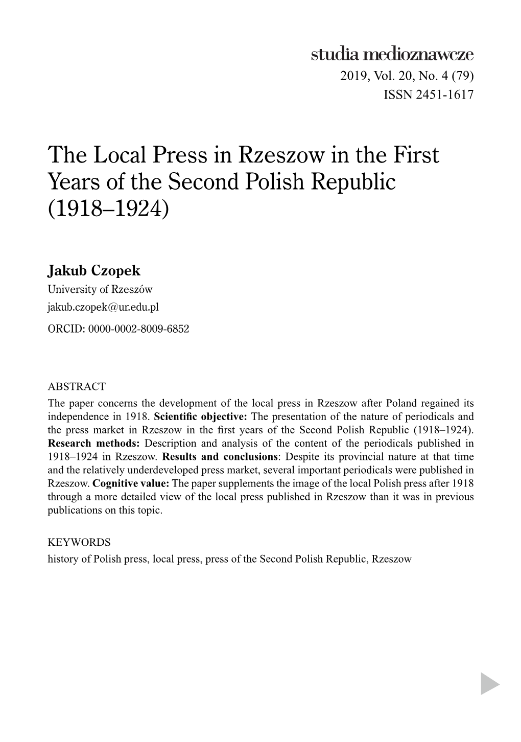The Local Press in Rzeszow in the First Years of the Second Polish Republic (1918–1924)