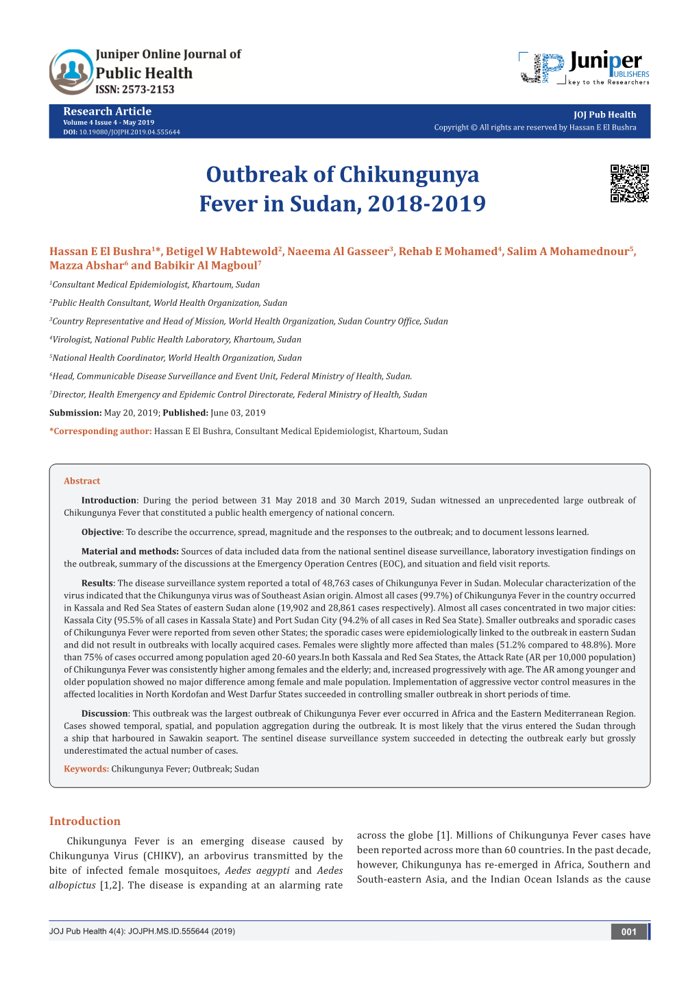 Outbreak of Chikungunya Fever in Sudan, 2018-2019