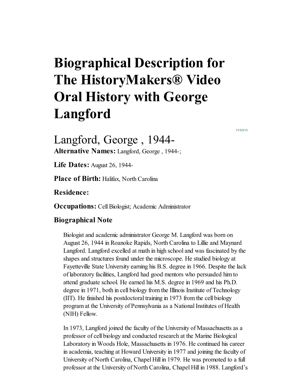 Biographical Description for the Historymakers® Video Oral History with George Langford