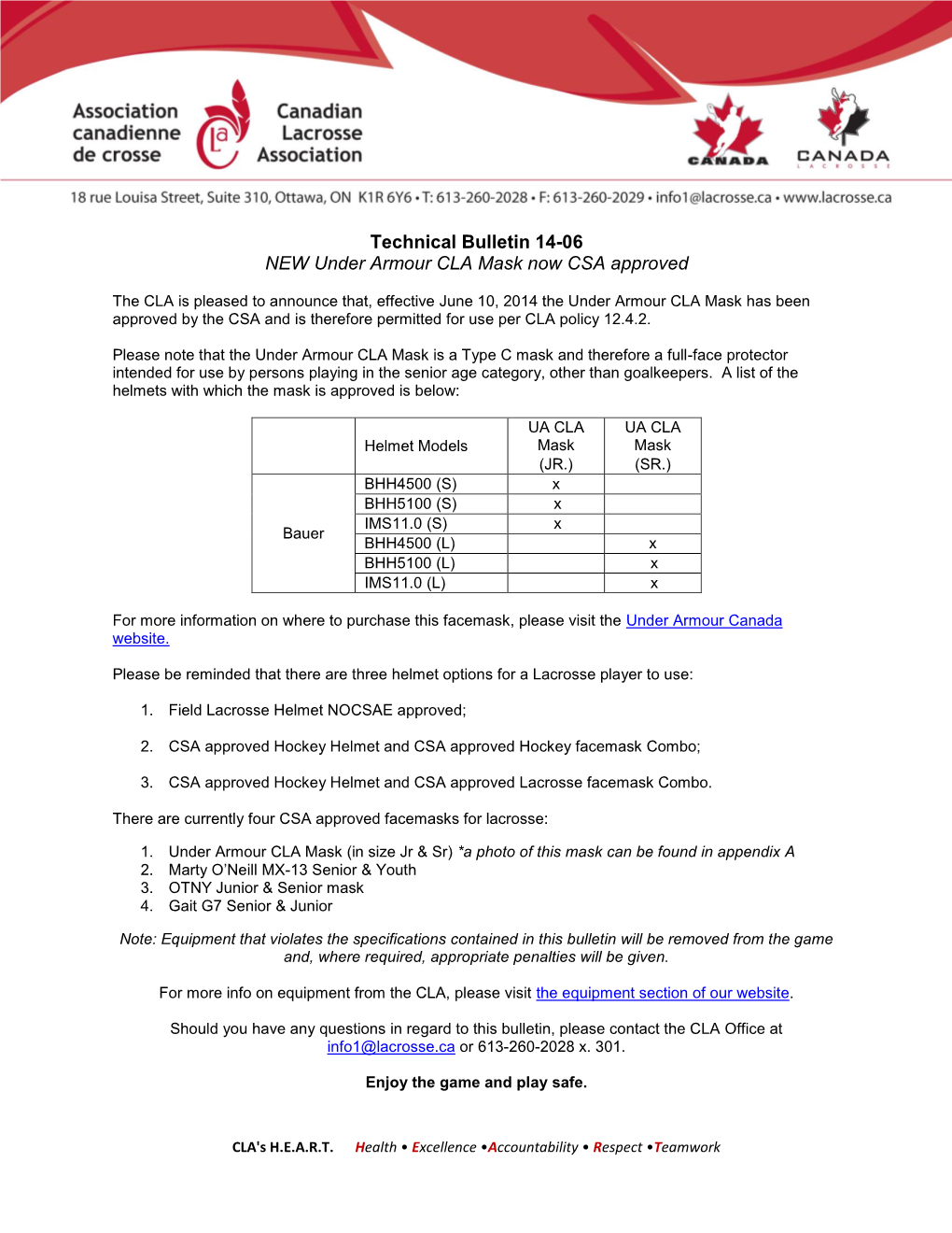 Technical Bulletin 14-06 NEW Under Armour CLA Mask Now CSA Approved