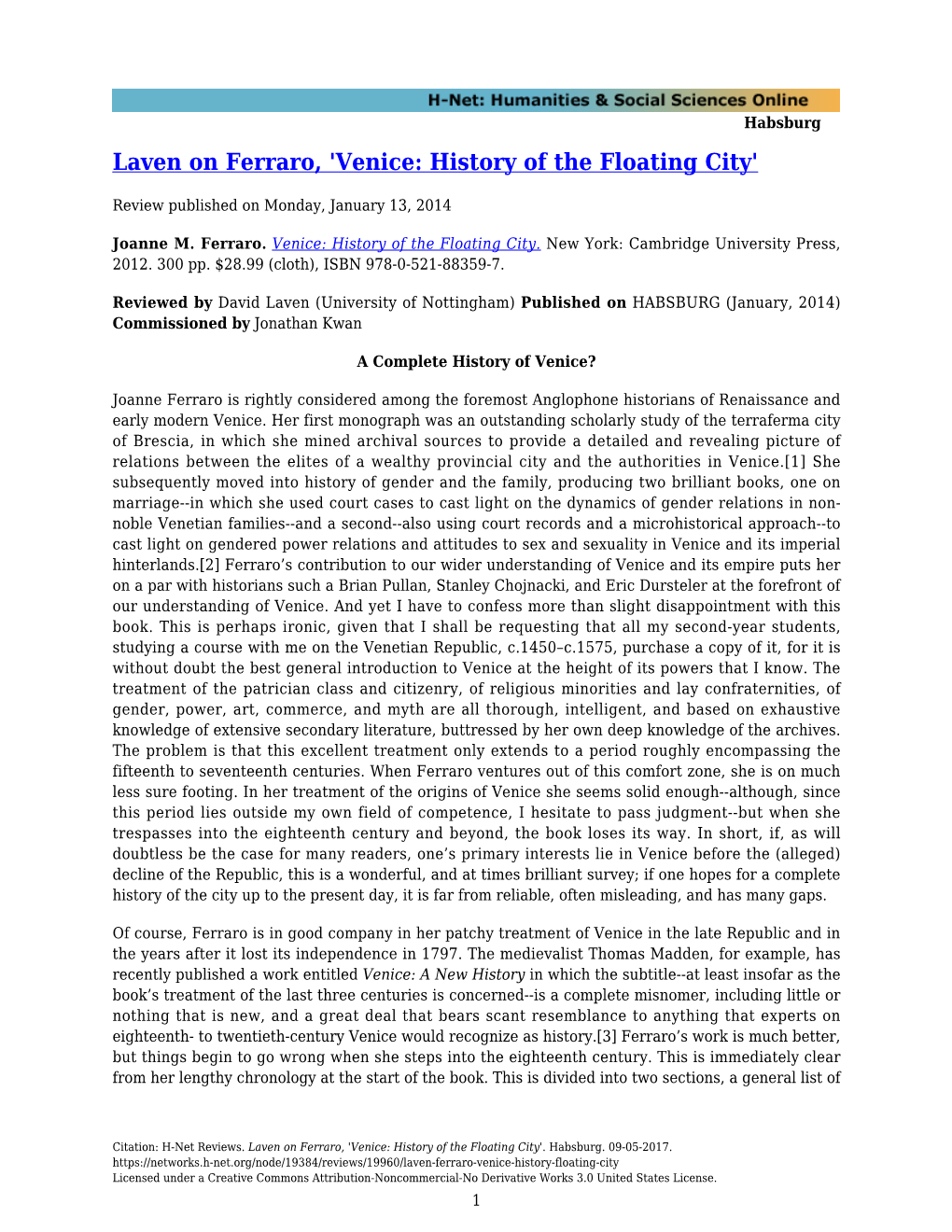 Laven on Ferraro, 'Venice: History of the Floating City'