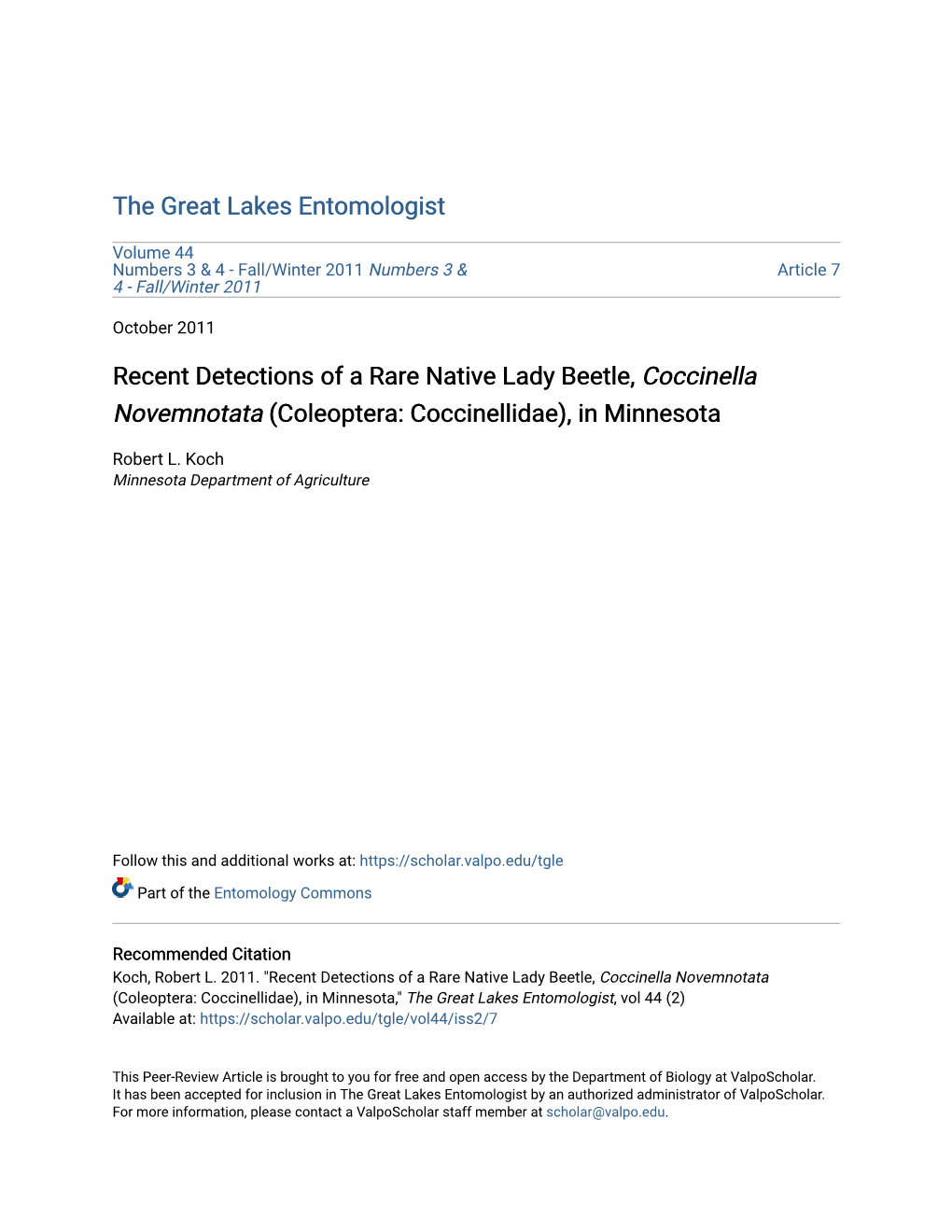 Recent Detections of a Rare Native Lady Beetle, Coccinella Novemnotata (Coleoptera: Coccinellidae), in Minnesota