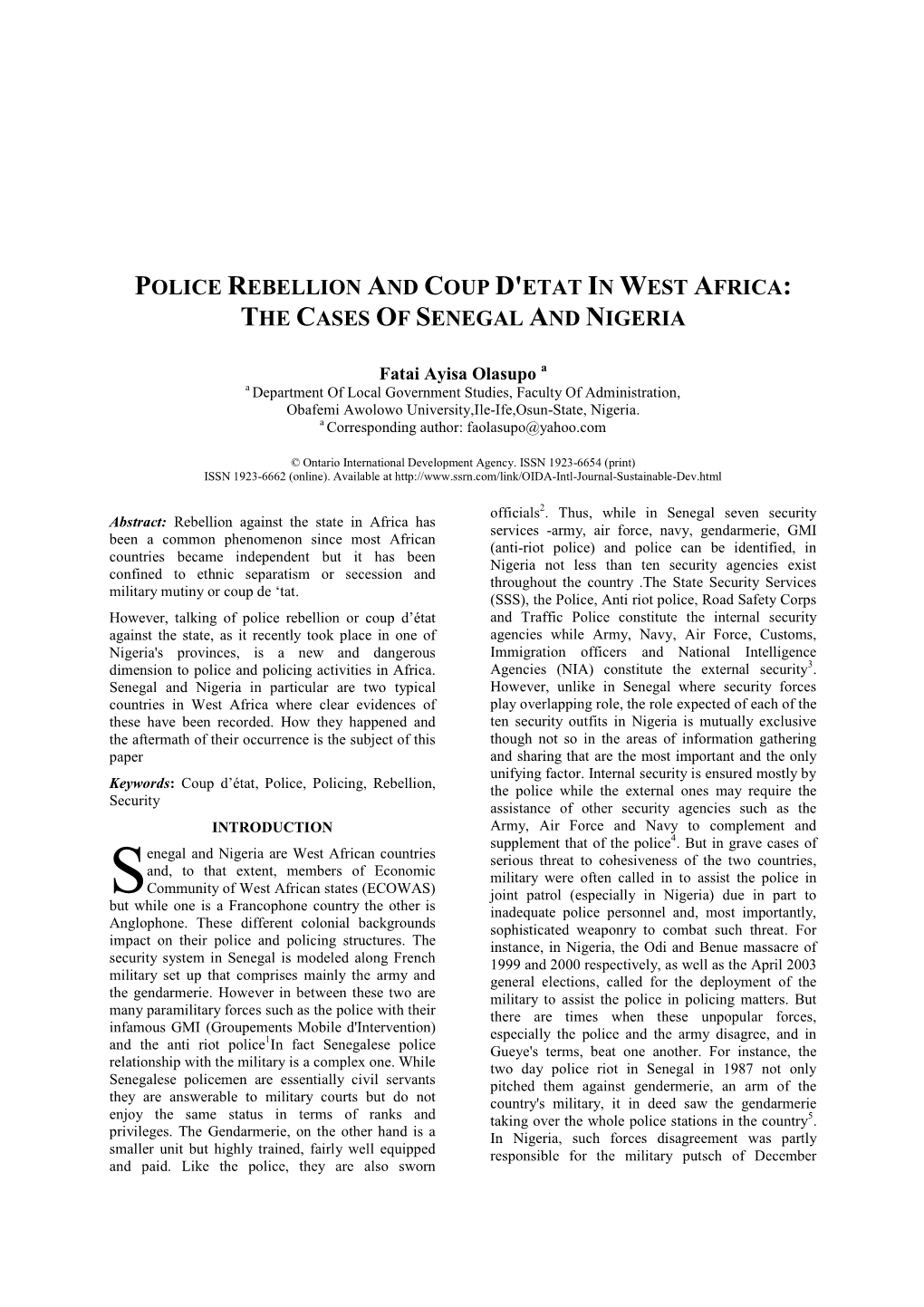 Police Rebellion and Coup D'etat in West Africa: the Cases of Senegal and Nigeria