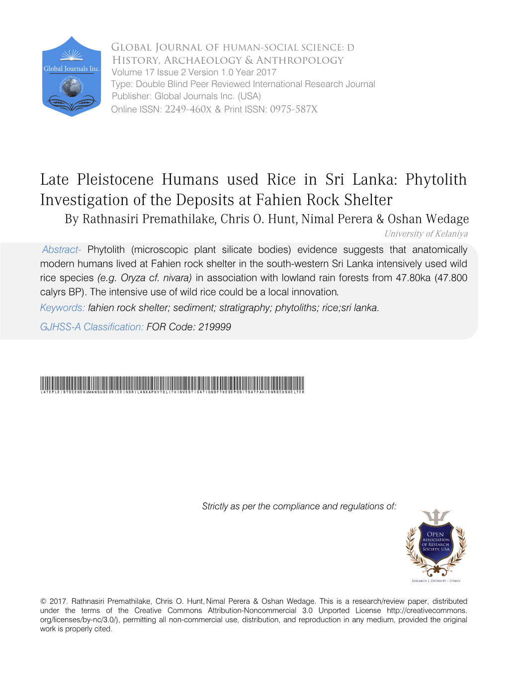 Late Pleistocene Humans Used Rice in Sri Lanka: Phytolith Investigation of the Deposits at Fahien Rock Shelter by Rathnasiri Premathilake, Chris O