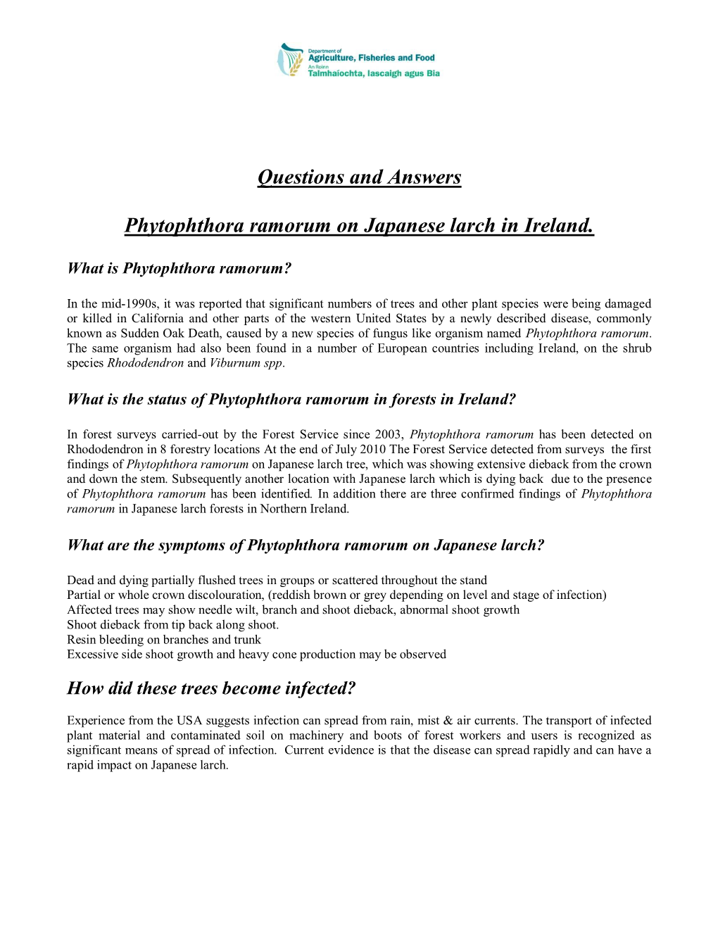 Forest Finding of Phytophthora Ramorum on Japanese Larch (Larix