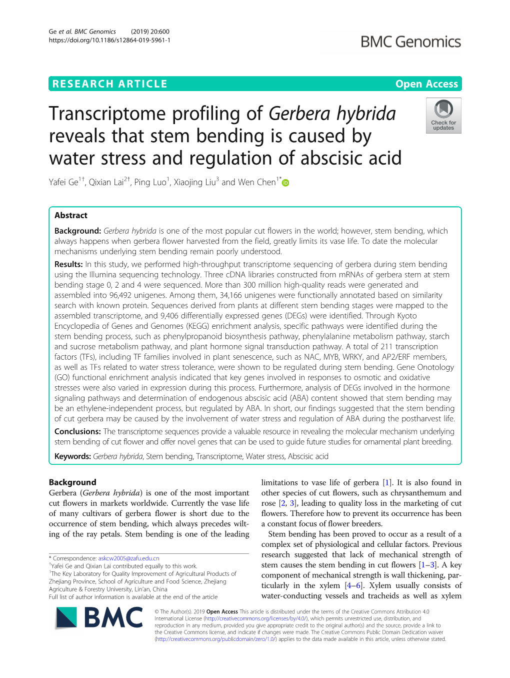 Transcriptome Profiling of Gerbera Hybrida Reveals That Stem Bending