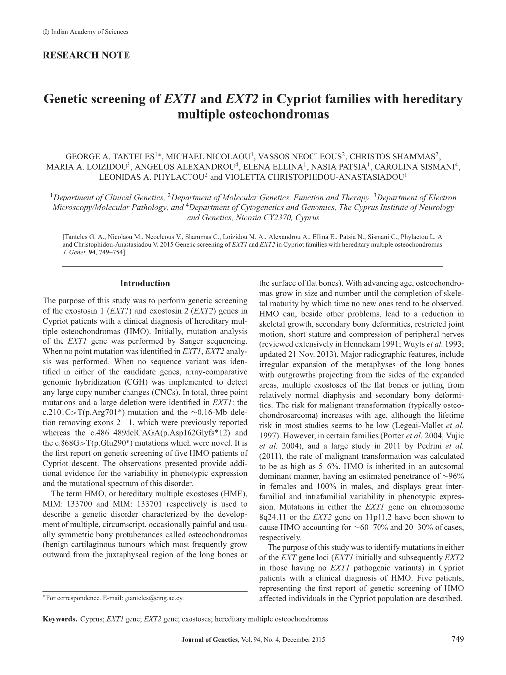 Genetic Screening of EXT1 and EXT2 in Cypriot Families with Hereditary Multiple Osteochondromas