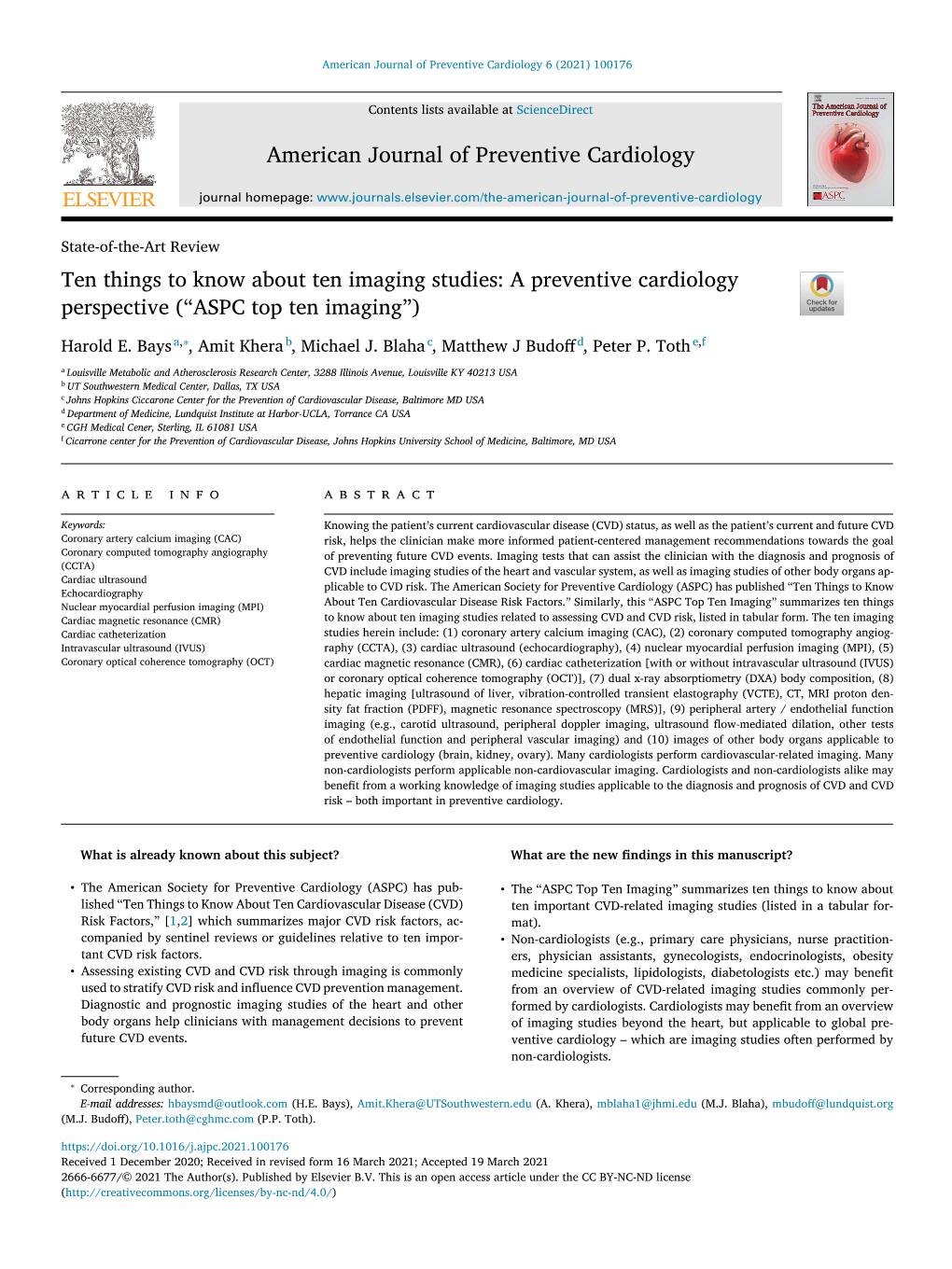 Ten Things to Know About Ten Imaging Studies: a Preventive Cardiology Perspective ( “ASPC Top Ten Imaging ”)