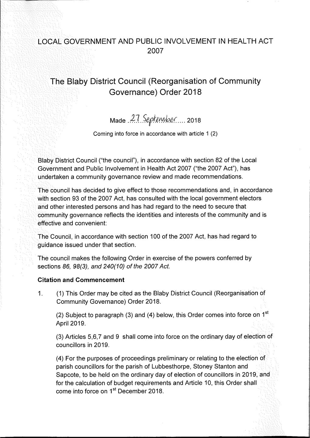 Reorganisation of Community Governance) Order 2018