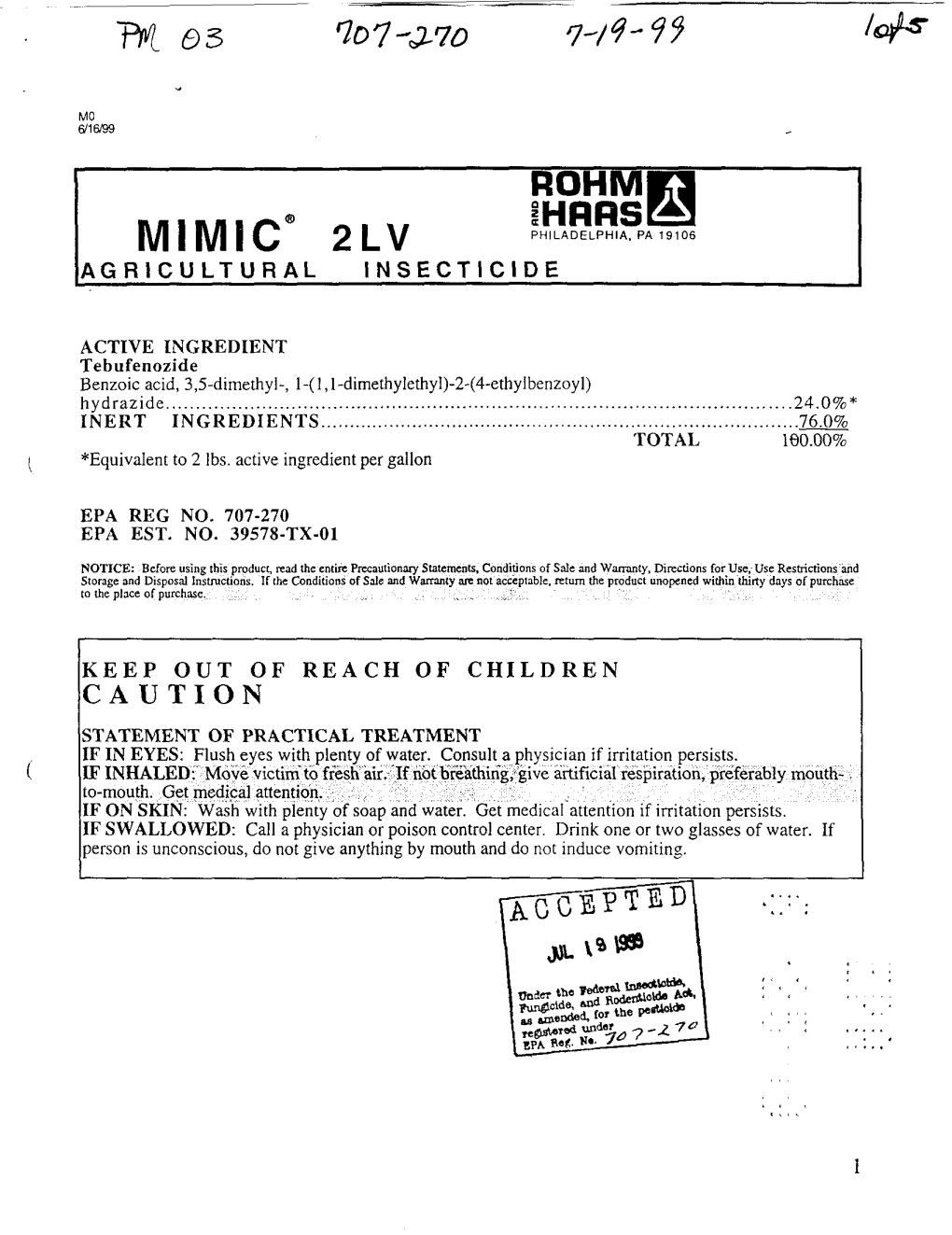 U.S. EPA, Pesticide Product Label, , 07/19/1999