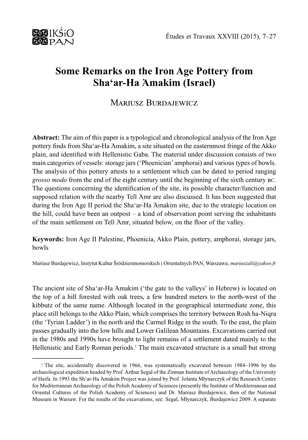 Some Remarks on the Iron Age Pottery from Sha'ar-Ha