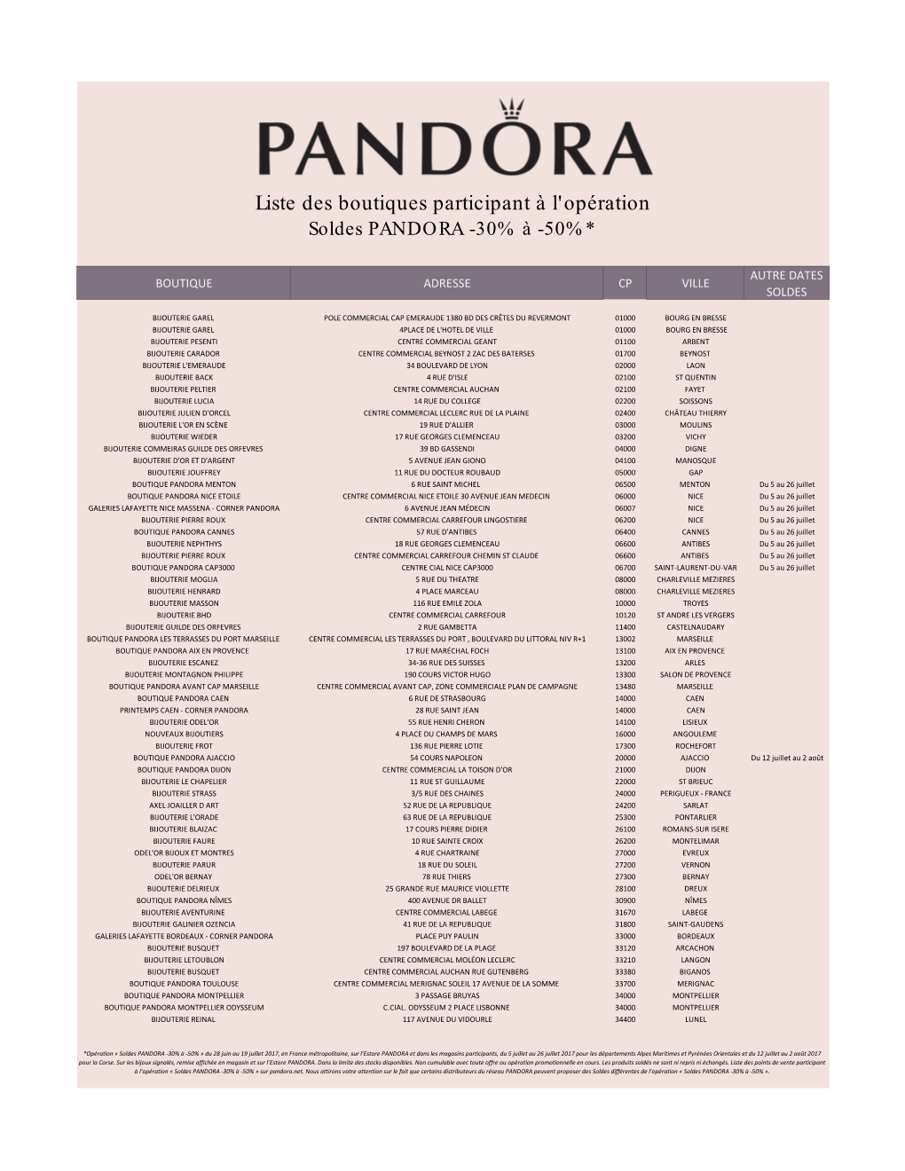 Liste Des Boutiques Participant À L'opération Soldes PANDORA -30% À -50%*