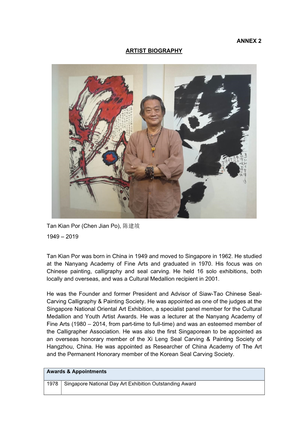 ANNEX 2 ARTIST BIOGRAPHY Tan Kian