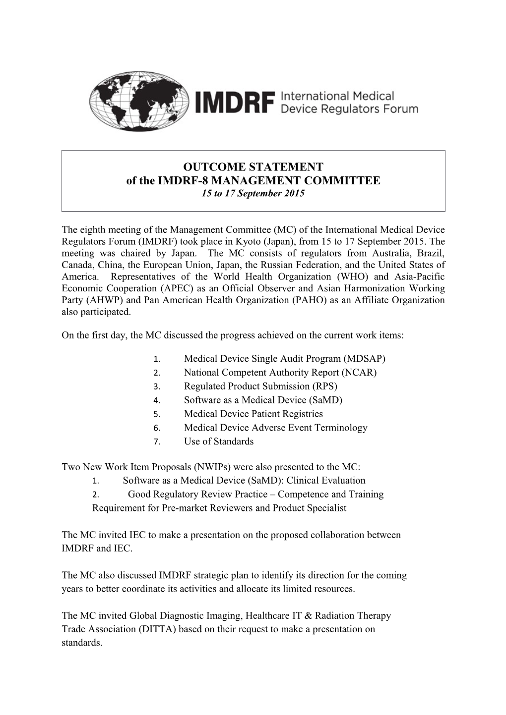 Outcome Statement of the IMDRF Management Committee, 15 to 17 September 2015