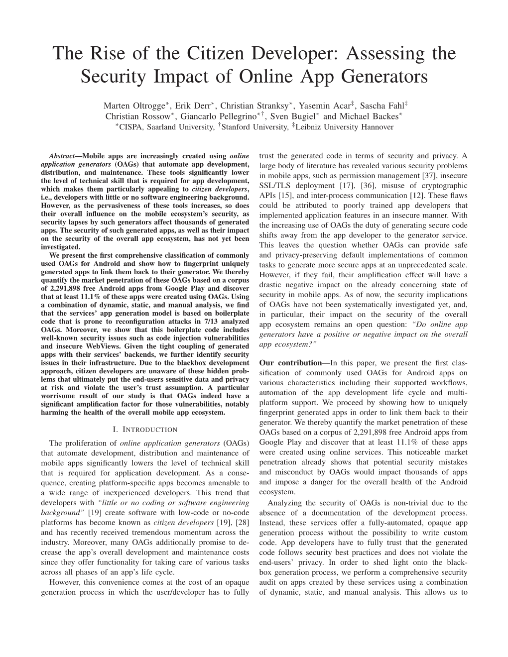 Assessing the Security Impact of Online App Generators