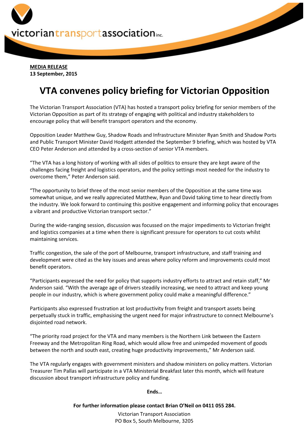 VTA Convenes Policy Briefing for Victorian Opposition