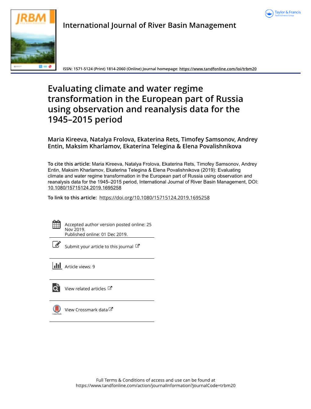Evaluating Climate and Water Regime Transformation in the European Part of Russia Using Observation and Reanalysis Data for the 1945–2015 Period