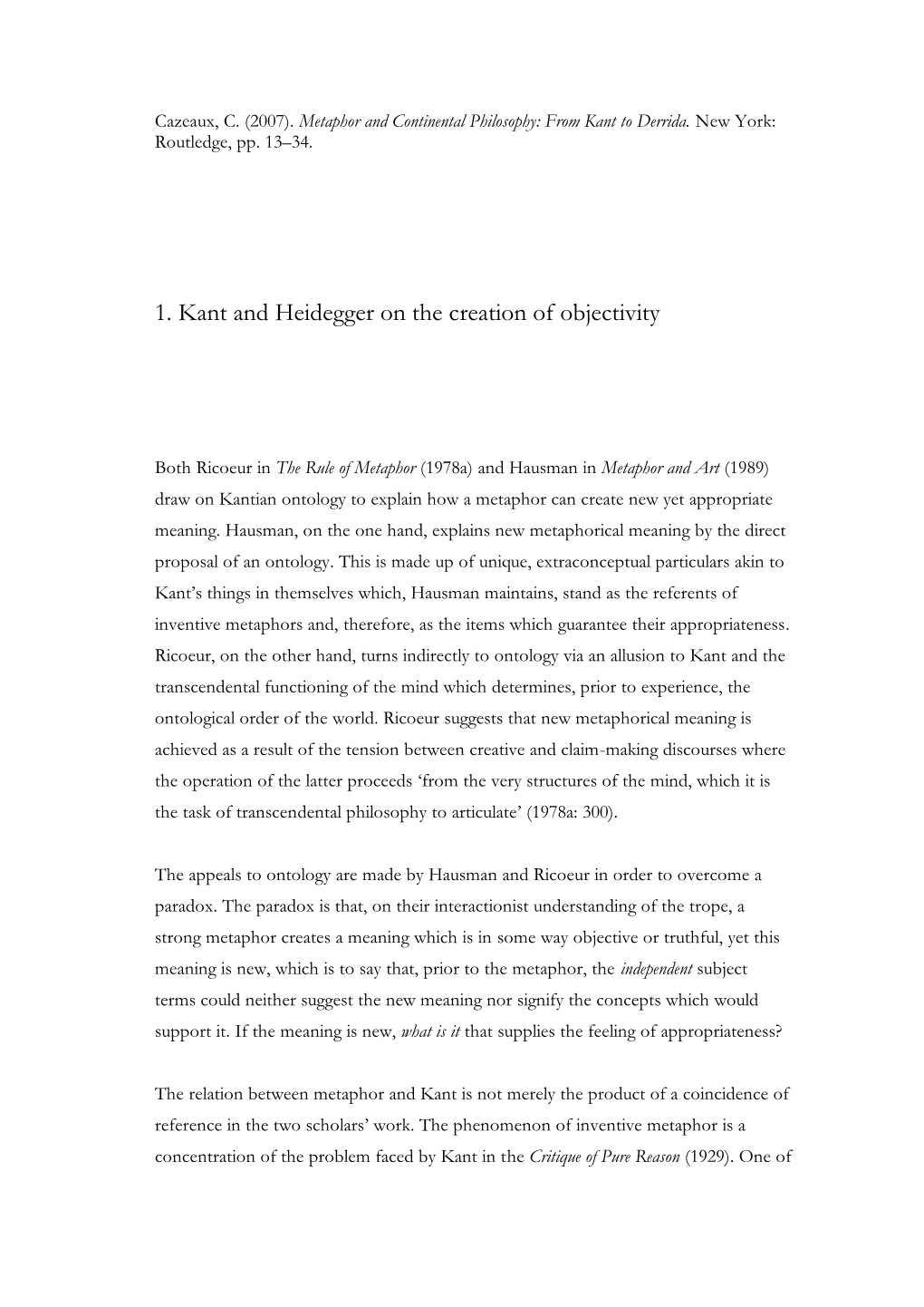 Ch 1. Kant and Heidegger on the Creation of Objectivity