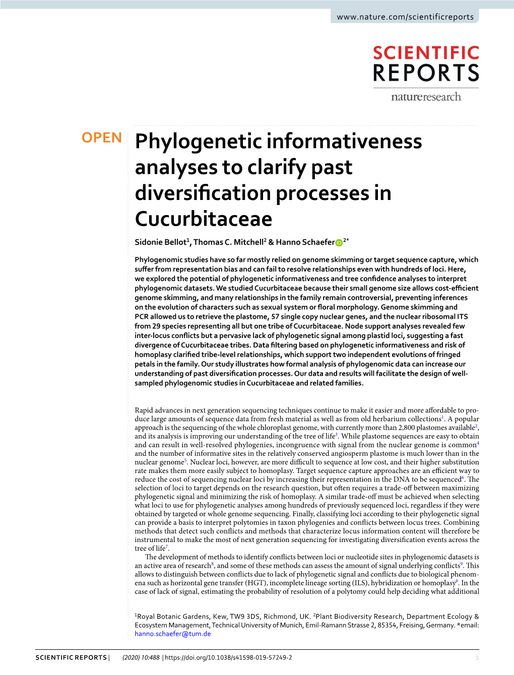 Phylogenetic Informativeness Analyses to Clarify Past Diversifcation Processes in Cucurbitaceae Sidonie Bellot1, Thomas C