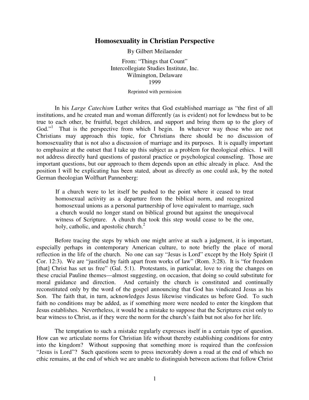 Article — Homosexuality in Christian Perspective — 1999