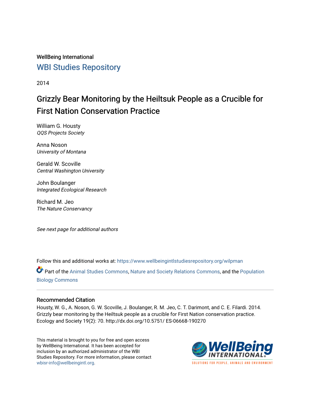 Grizzly Bear Monitoring by the Heiltsuk People As a Crucible for First Nation Conservation Practice