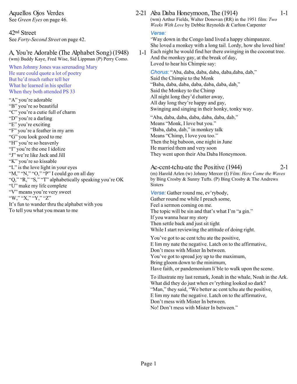 The Alphabet Song) (1948) 1-1 Each Night He Would Find Her There Swinging in the Coconut Tree