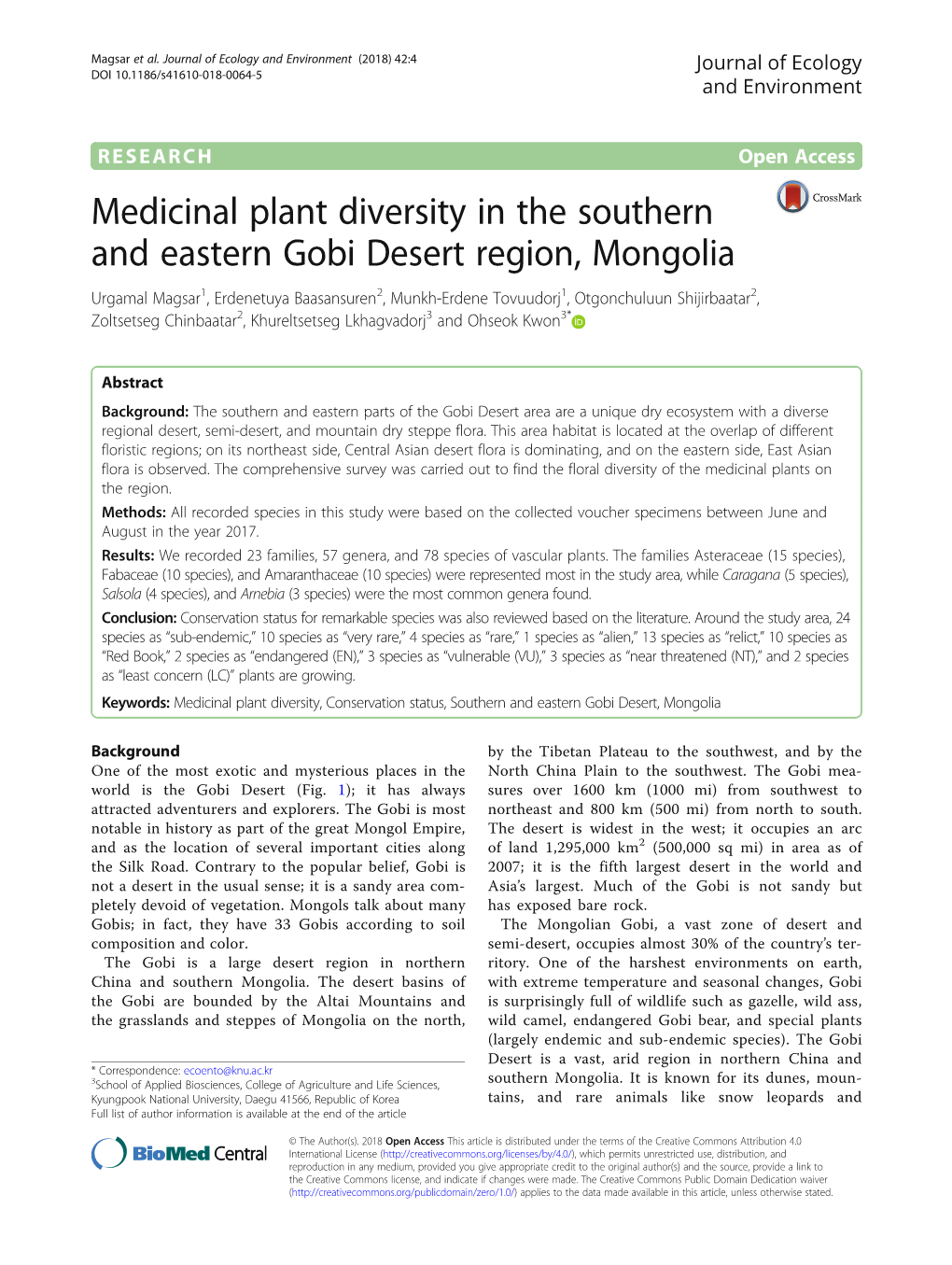 Medicinal Plant Diversity in the Southern and Eastern Gobi Desert