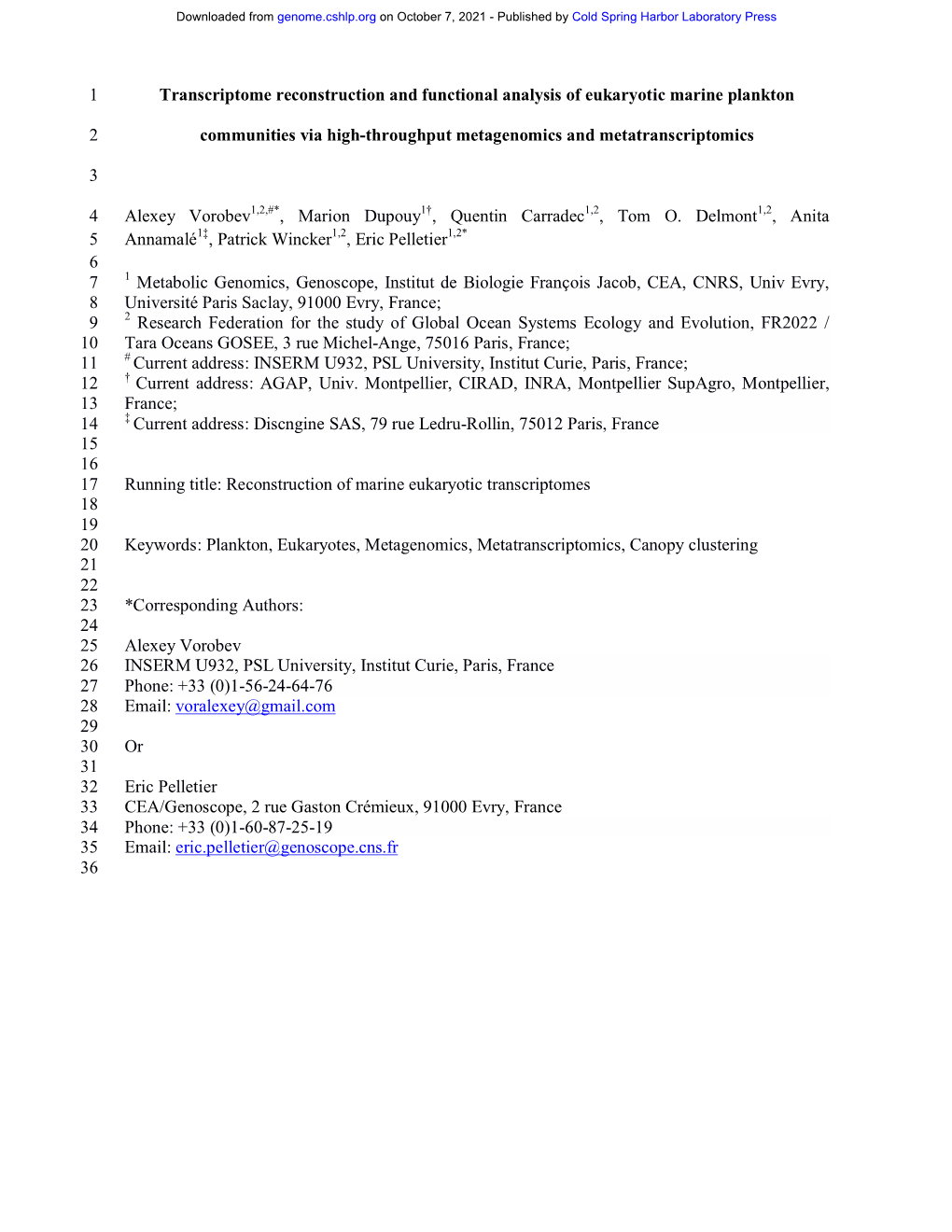 Transcriptome Reconstruction and Functional Analysis of Eukaryotic Marine Plankton