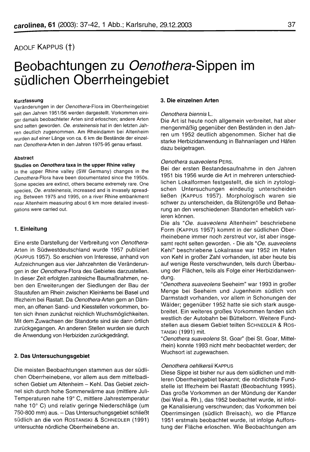 Beobachtungen Zu Oenothera-S'vppen Im Südlichen Oberrheingebiet