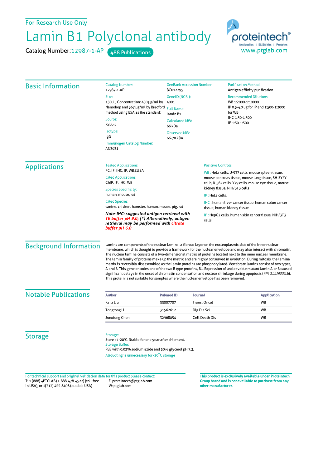 Lamin B1 Polyclonal Antibody Catalog Number:12987-1-AP 488 Publications