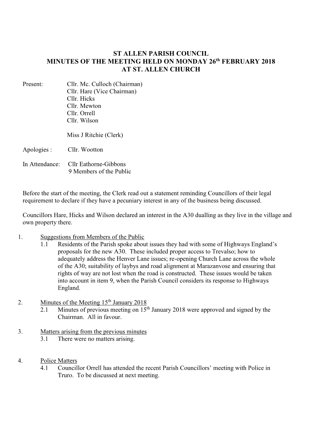 ST ALLEN PARISH COUNCIL MINUTES of the MEETING HELD on MONDAY 26Th FEBRUARY 2018 at ST