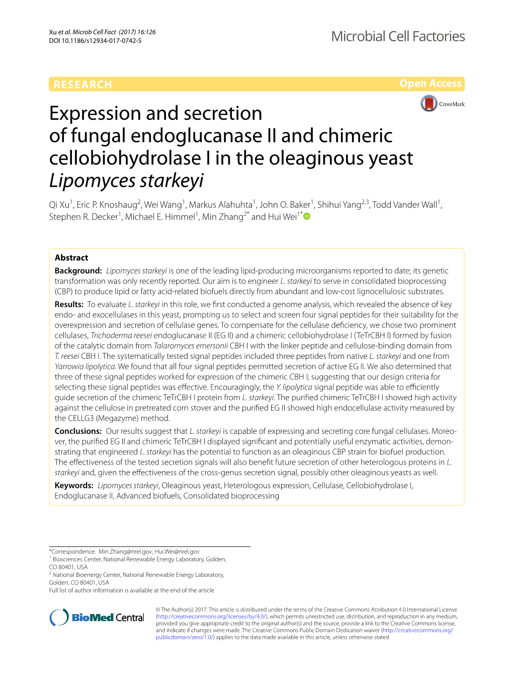 Expression and Secretion of Fungal Endoglucanase II and Chimeric Cellobiohydrolase I in the Oleaginous Yeast Lipomyces Starkeyi Qi Xu1, Eric P