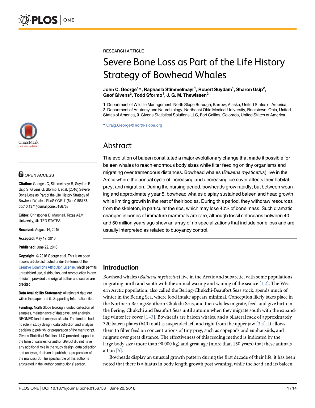 Severe Bone Loss As Part of the Life History Strategy of Bowhead Whales