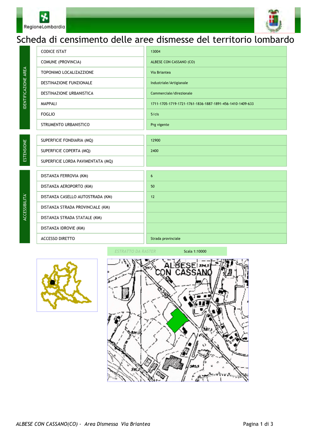 Scheda Di Censimento Delle Aree Dismesse Del Territorio Lombardo