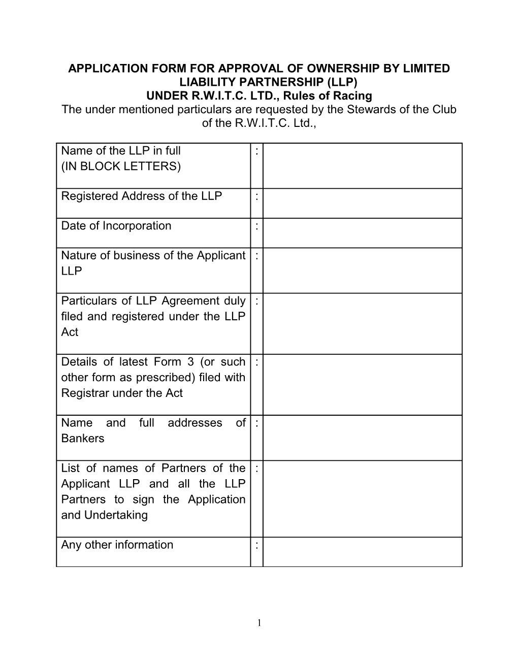 Application Form for Approval of Ownership by Limited Liability Partnership (Llp)